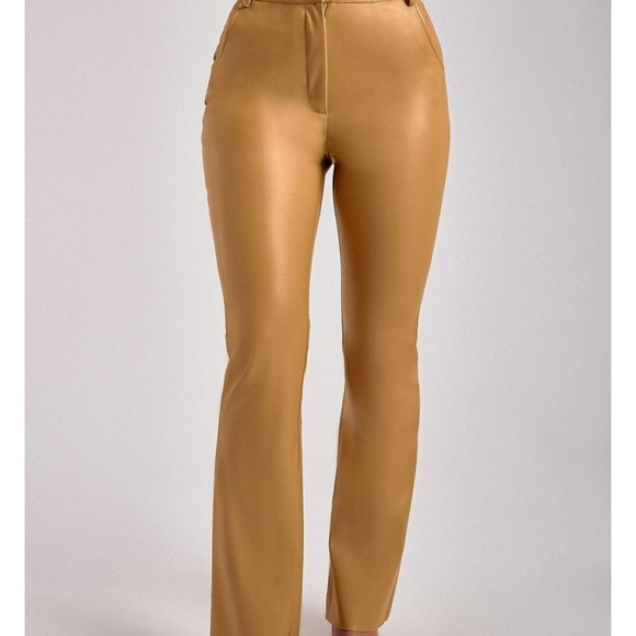 Meshki Pants - MESHKI Tan cognac faux leather pleated leg flat front straight leg pants.Size XS